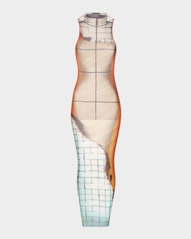 Fire Printed Mesh Sleeveless Midi Dress